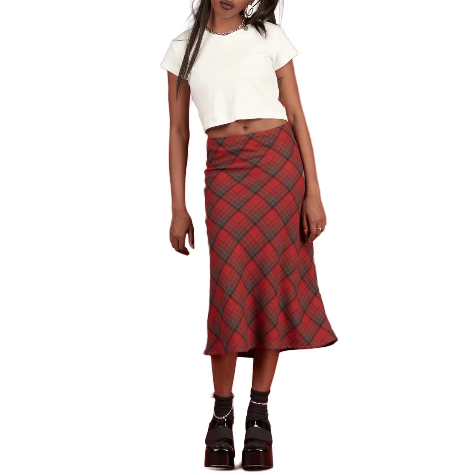 Jupe mi-longue tartan rouge et verte | T. S